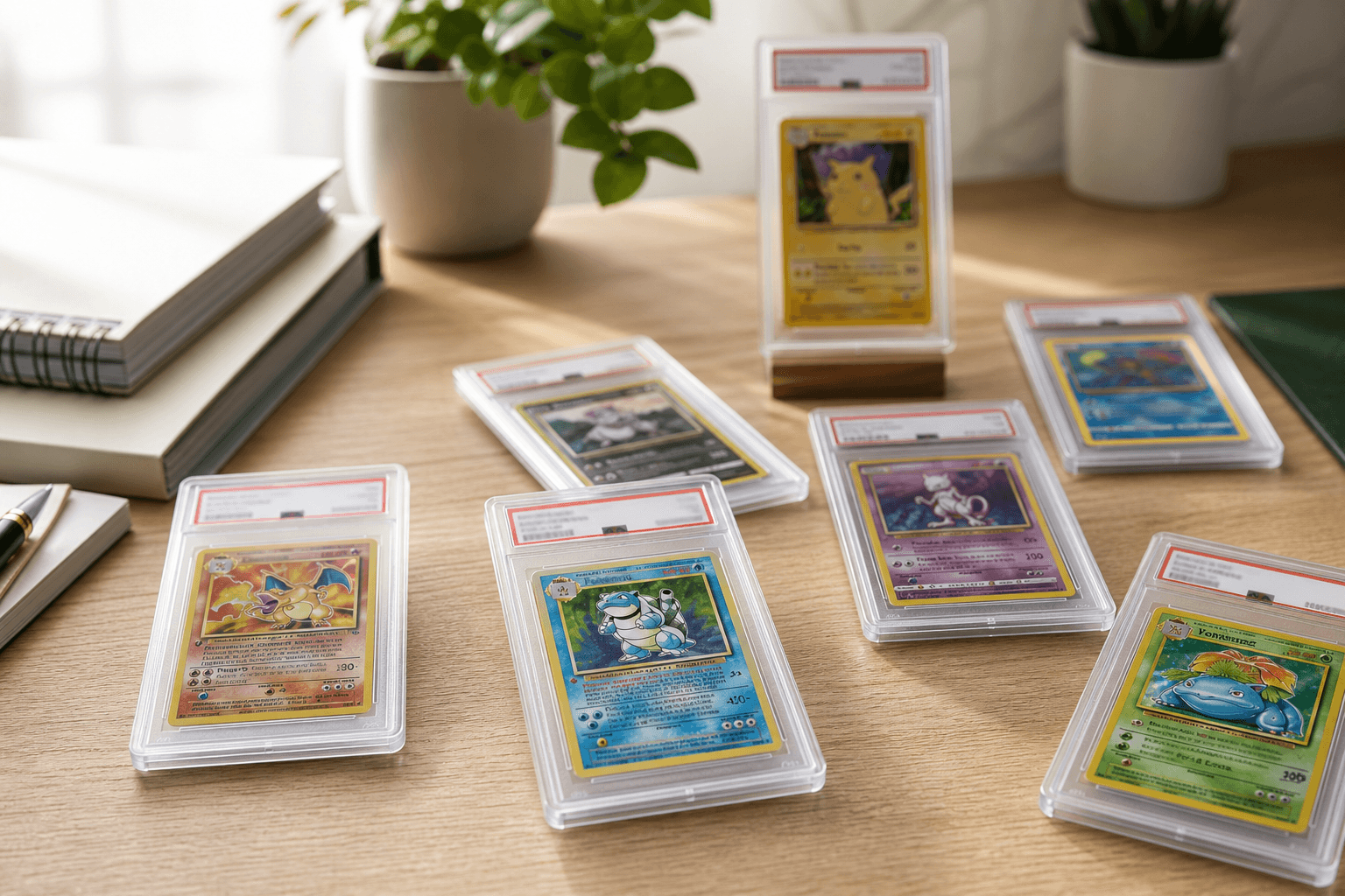 Graded trading cards on a dealer desk